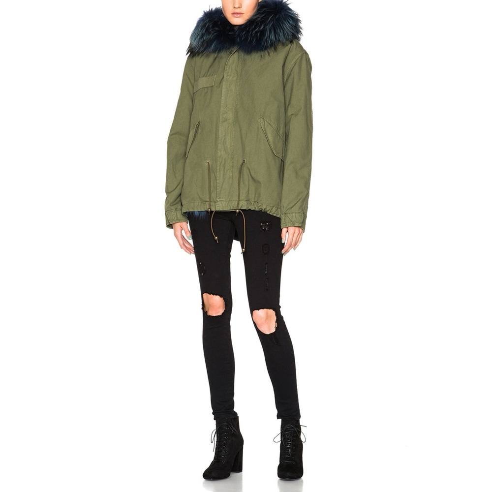 Mr & Mrs Italy Fur lined army parka blue fox raccoon trim coat khaki - Picture 2 of 16